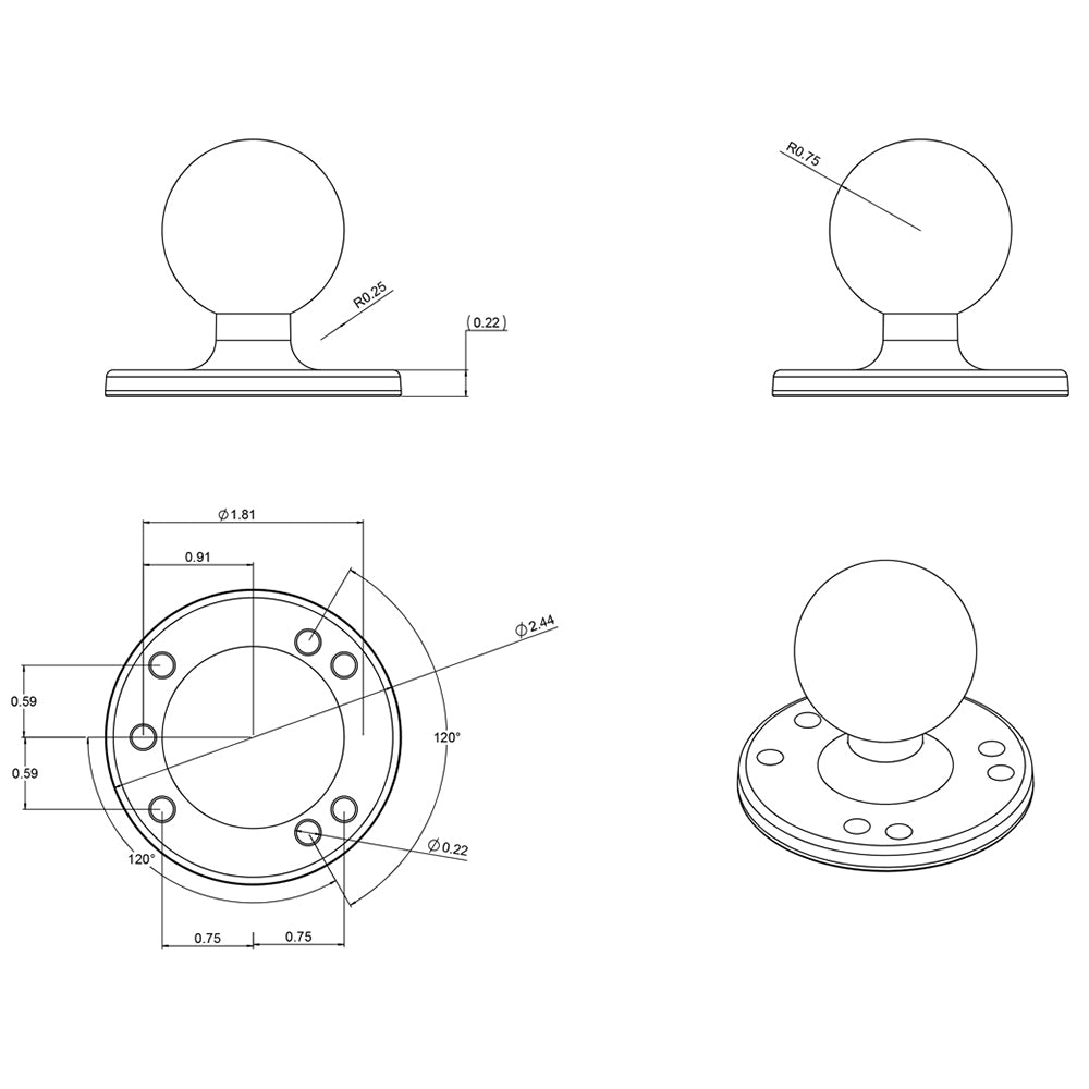 RAM Mount 2-1/2&quot; Diameter Base w/1.5&quot; Ball [RAM-202U]