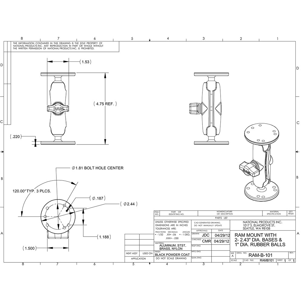 RAM Mount 1&quot; Ball Light Use Surface Mount f/Garmin echo 100, 150, 300c [RAM-B-101-G4]