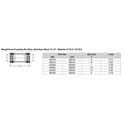 Viega MegaPress 1/2&quot; Stainless Steel 304 Coupling w/o Stop - Double Press Connection - Smart Connect Technology [95310]