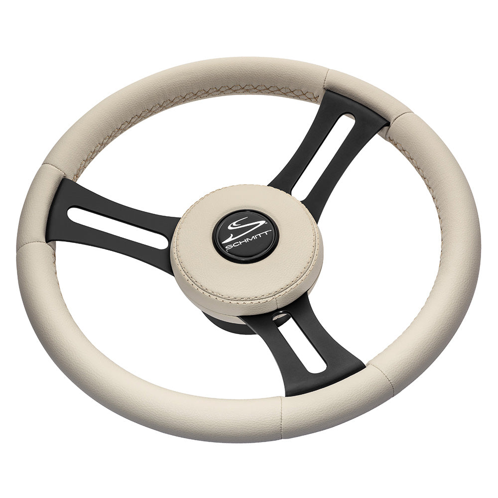 Schmitt Marine Torcello Elite 14&quot; Wheel - Beige Leather  Cap - White Stitching - Black SS Spokes - 3/4&quot; Tapered Shaft [PU081B11]