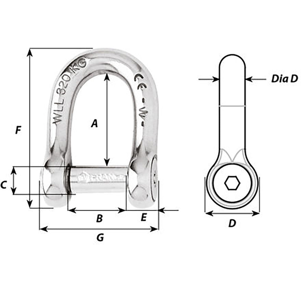 Wichard Self-Locking Allen Head Pin D Shackle - 6mm Diameter - 1/4" [01303] - 0