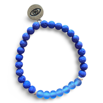 Evil Eye Protection Blue Lava Rock and Frosted Blue Glass Bracelet