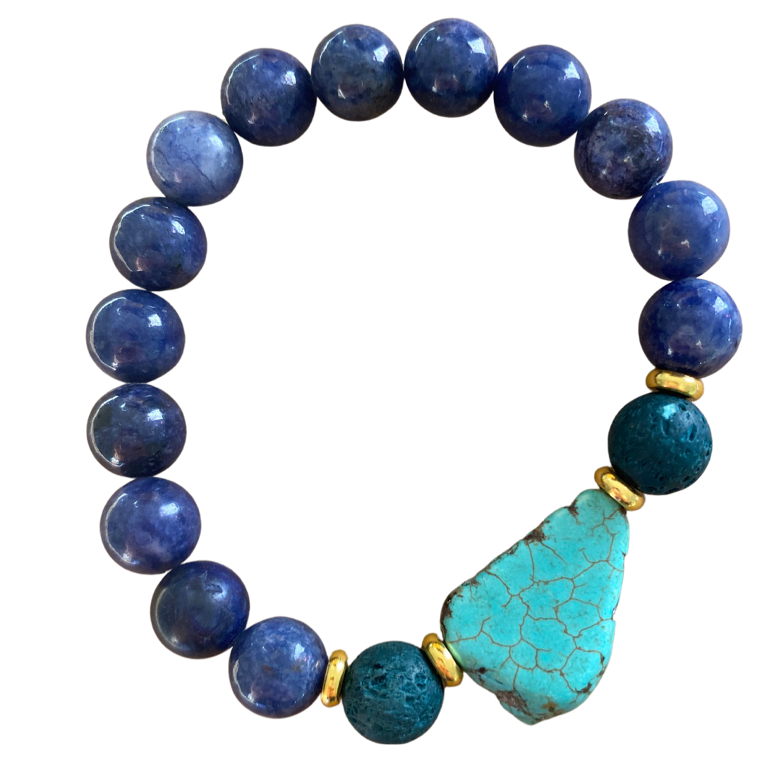 Lapis Lazuli, Lava Rock and Turquoise Stone Stretch Bracelet