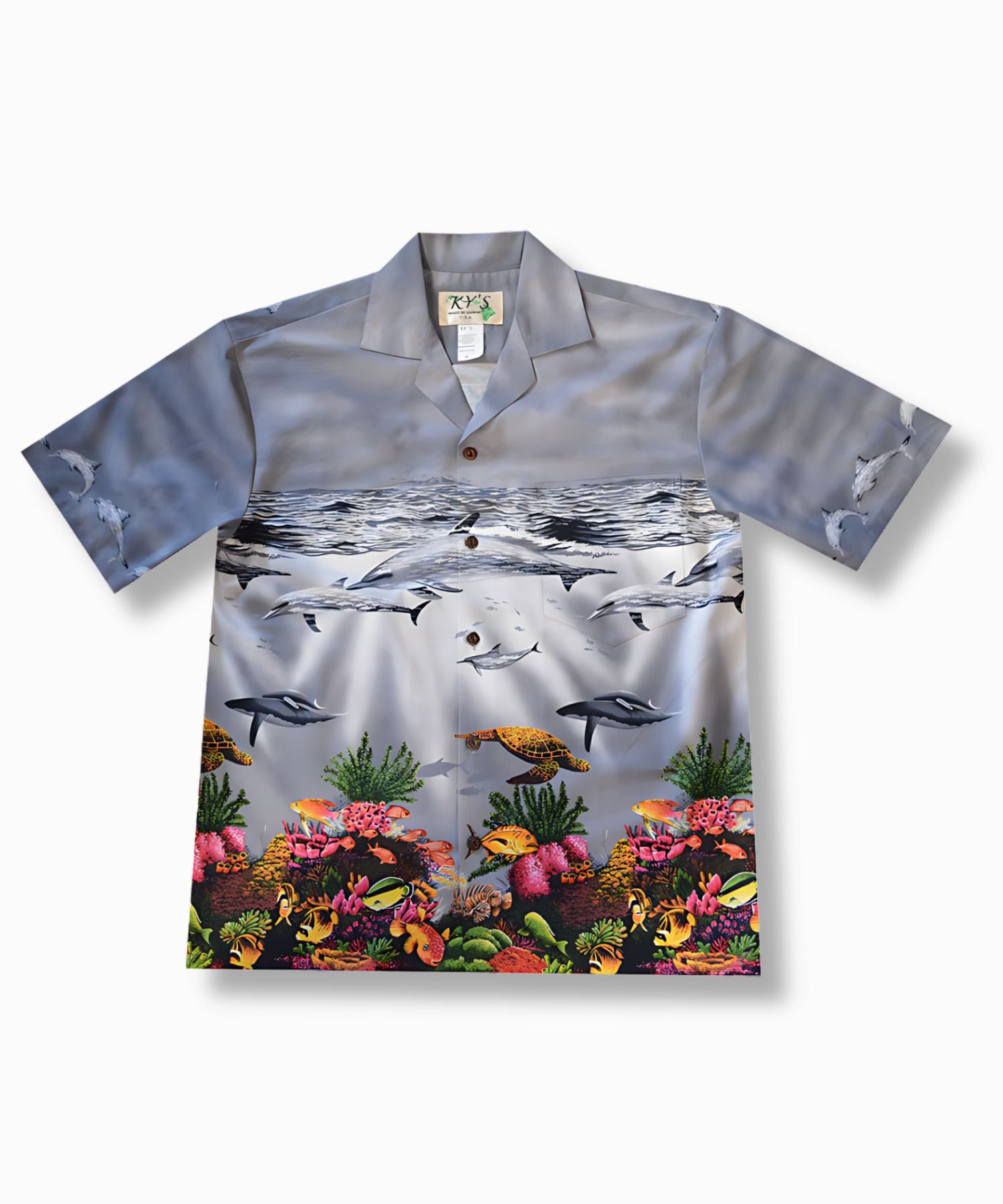 Whale On Sea Life Aloha Short-Sleeve Shirt with Coconut Buttons