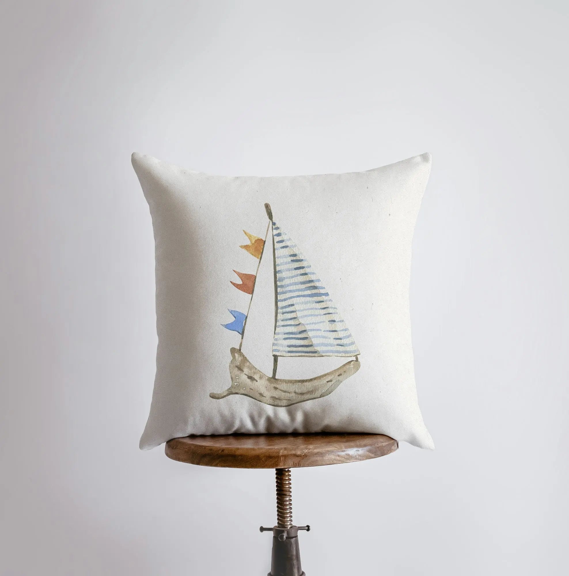 Wood Sail Boat Watercolor Accent Throw Pillow | Cover Only or Cover & Insert | Many Sizes Available