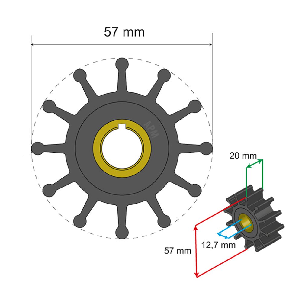 Albin Group Premium Impeller Kit 57 x 12.7 x 20mm - 12 Blade - Key Insert [06 - 01 - 013]