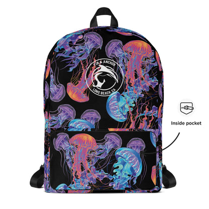 Neon Jellyfish Water-Resistant Backpack with Laptop Compartment - Black