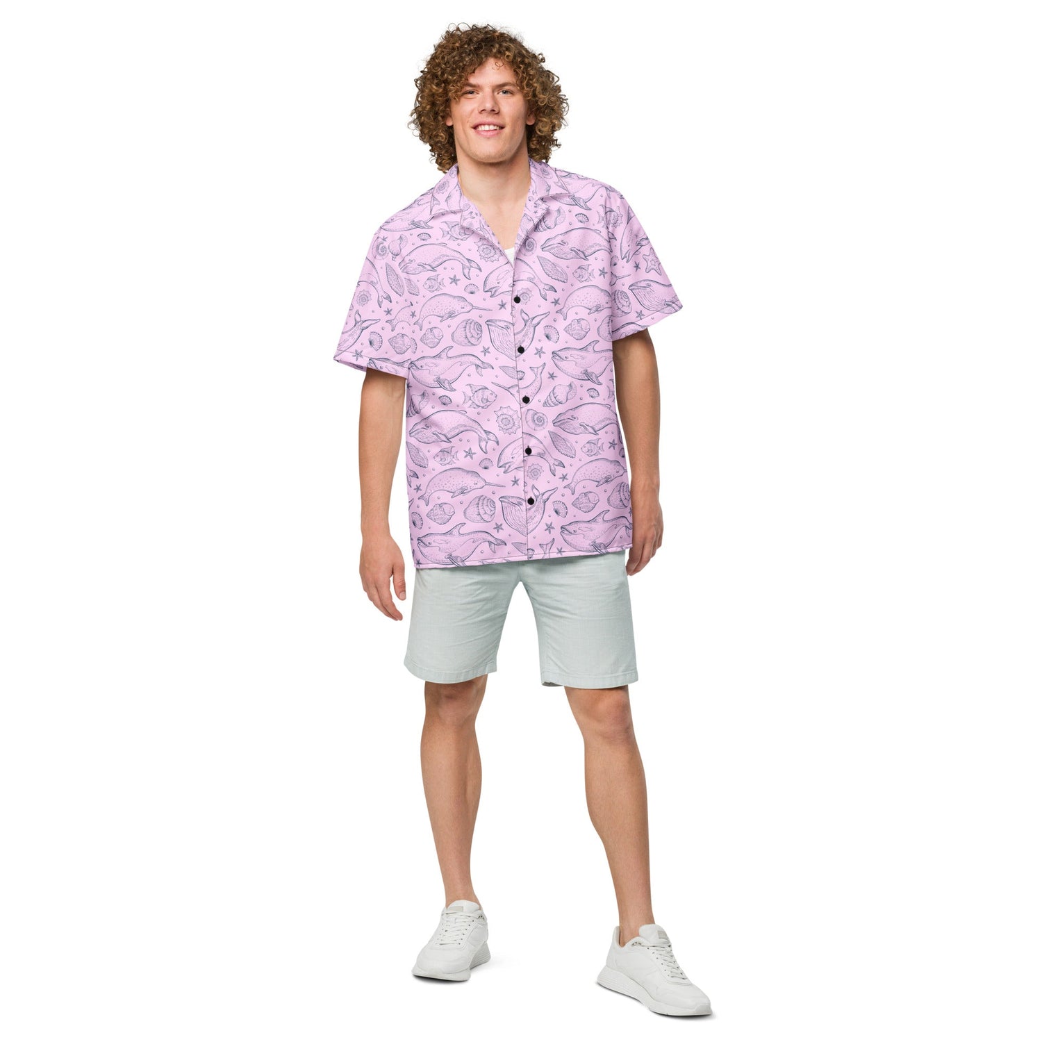 Pink Whale Pod Pattern Hawaiian Button Shirt: Dive Into Coastal Chic!