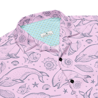 Pink Whale Pod Pattern Hawaiian Button Shirt: Dive Into Coastal Chic!