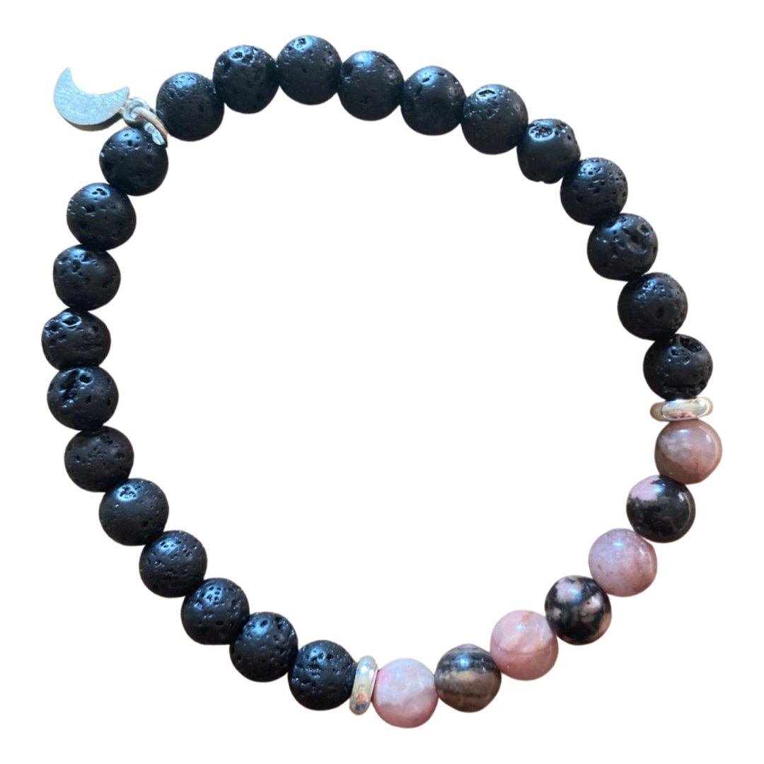 Black Lava Rock and Natural Rhodonite Bracelet