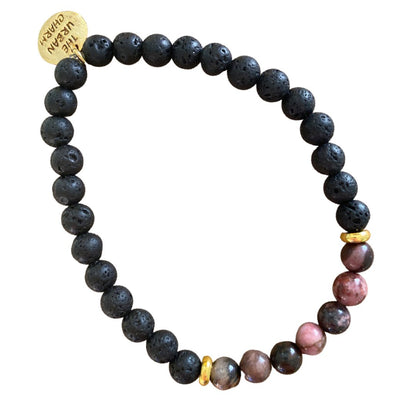 Black Lava Rock and Natural Rhodonite Bracelet