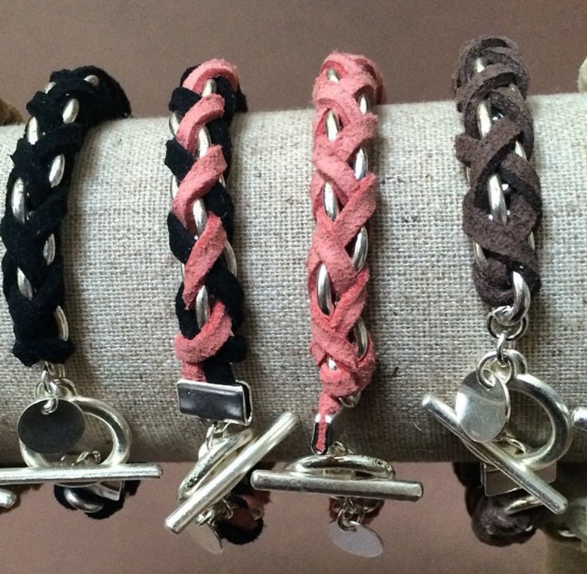 Black Suede Woven Cable Chain Toggle Bracelet