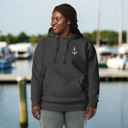 Coastal Anchor Unisex Hoodie – Embroidered Nautical Pullover | Dolphin Grey