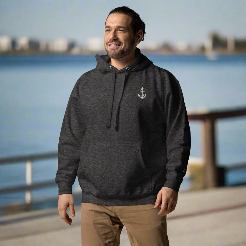 Coastal Anchor Unisex Hoodie – Embroidered Nautical Pullover | Dolphin Grey