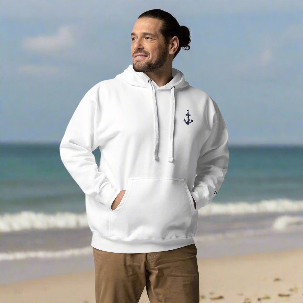 Coastal Anchor Unisex Hoodie – Embroidered Nautical Pullover | Glacier White