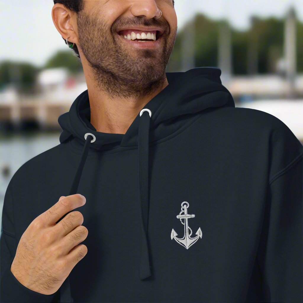 Coastal Anchor Unisex Hoodie – Embroidered Nautical Pullover | Navy