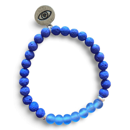 Evil Eye Protection Blue Lava Rock and Frosted Blue Glass Bracelet