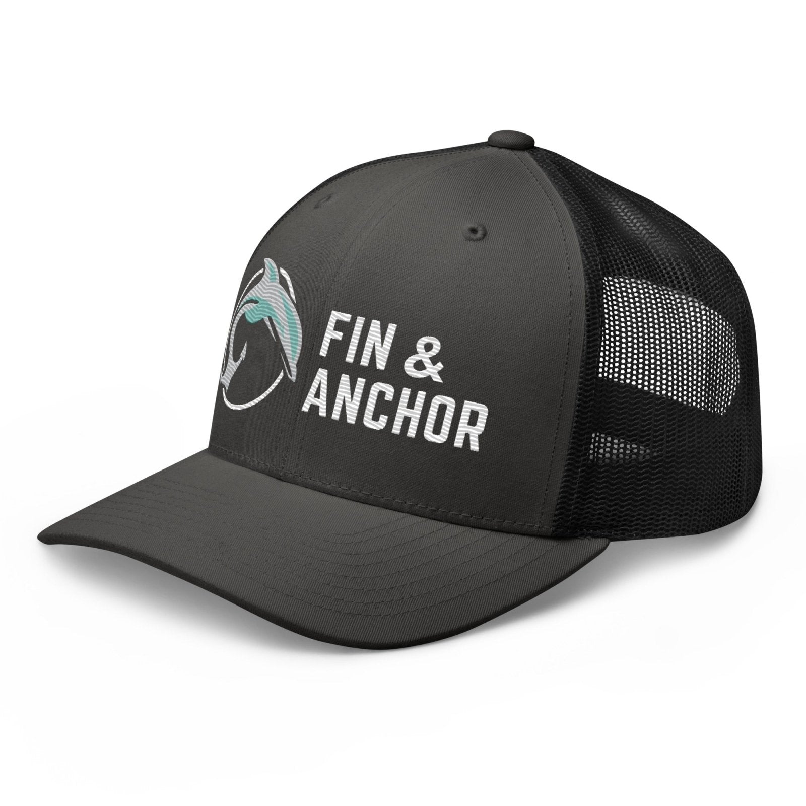 Fin & Anchor Embroidered Retro Trucker Hat - Dolphin Grey/Black