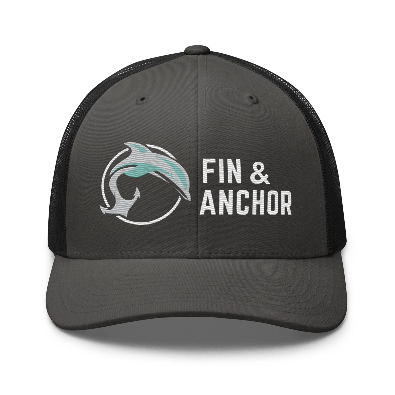 Fin & Anchor Embroidered Retro Trucker Hat - Dolphin Grey/Black