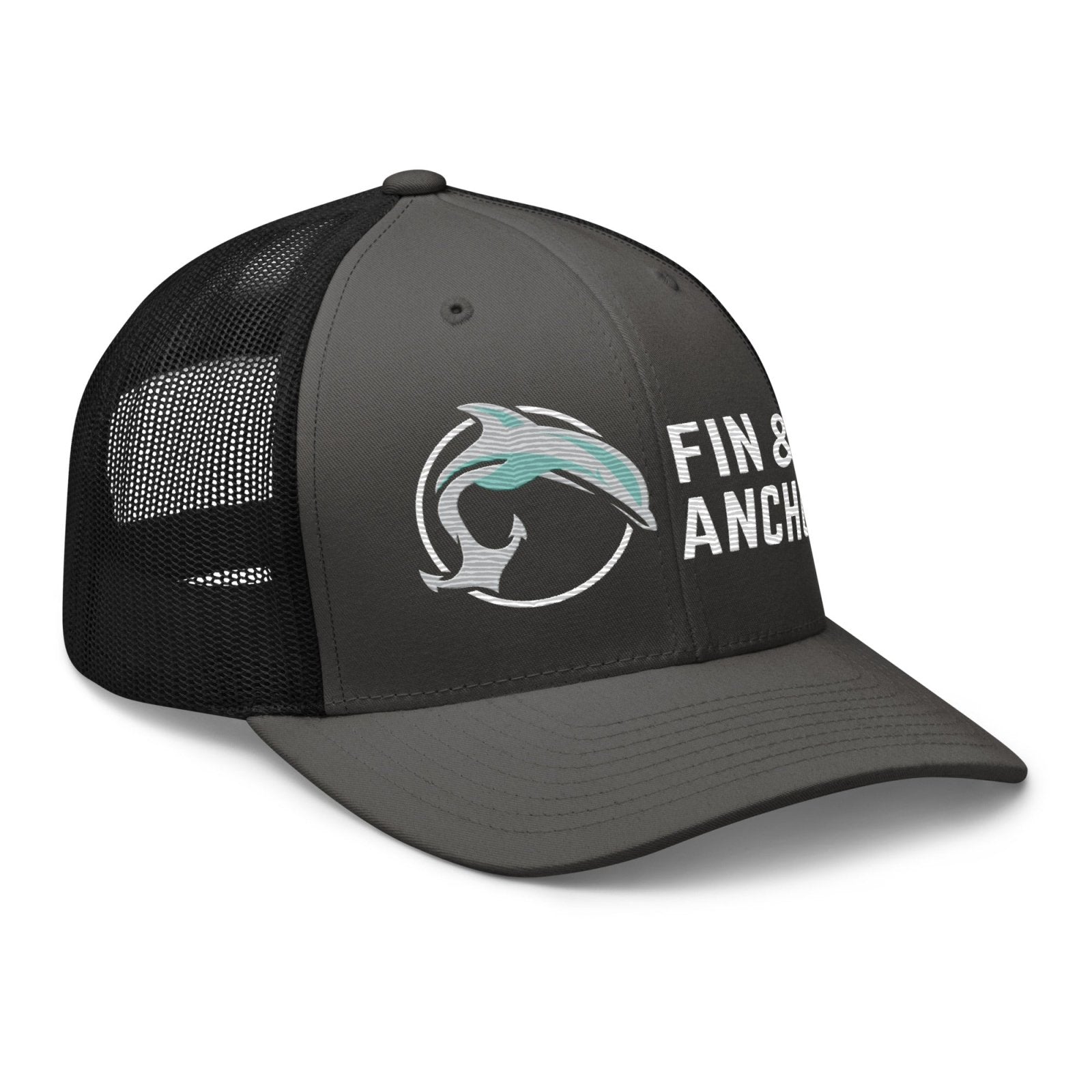 Fin & Anchor Embroidered Retro Trucker Hat - Dolphin Grey/Black