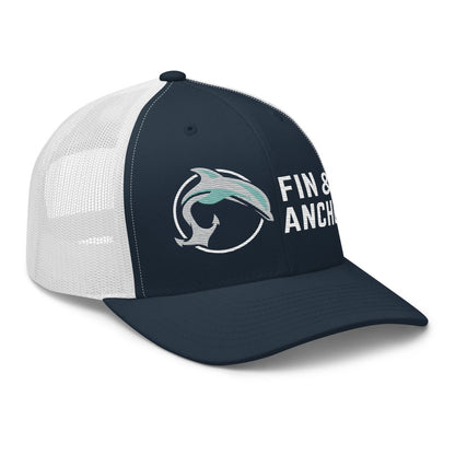 Fin &amp; Anchor Embroidered Retro Trucker Hat - Navy/White