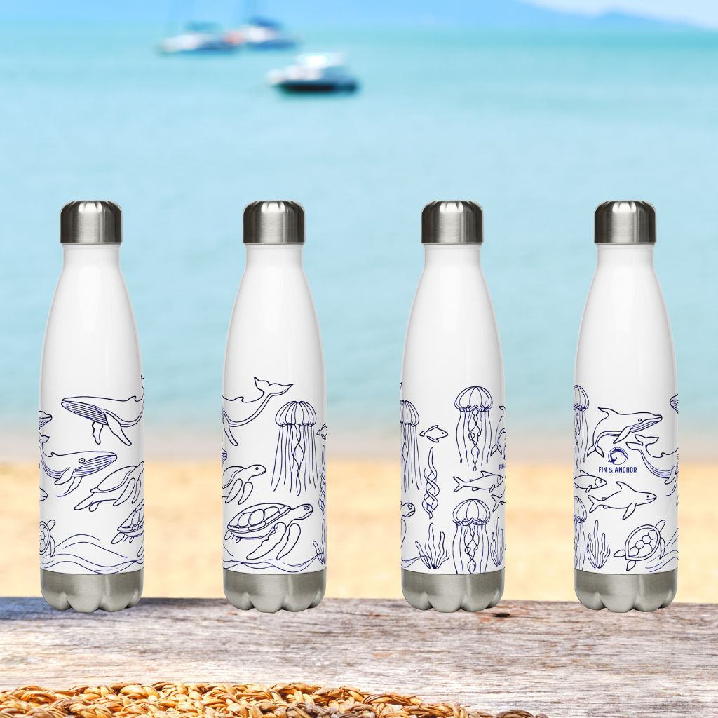 White Stainless Steel Water Bottle – Ocean Wildlife Design | Eco-Friendly, Reusable, Nautical Bottle