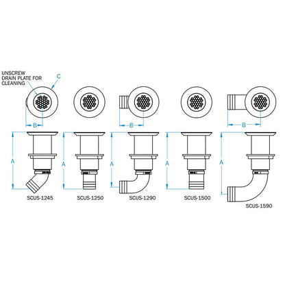 GROCO 1 - 1/4&quot; Hose Barb Stainless 45 Degree Deck Drain [SCUS - 1245]