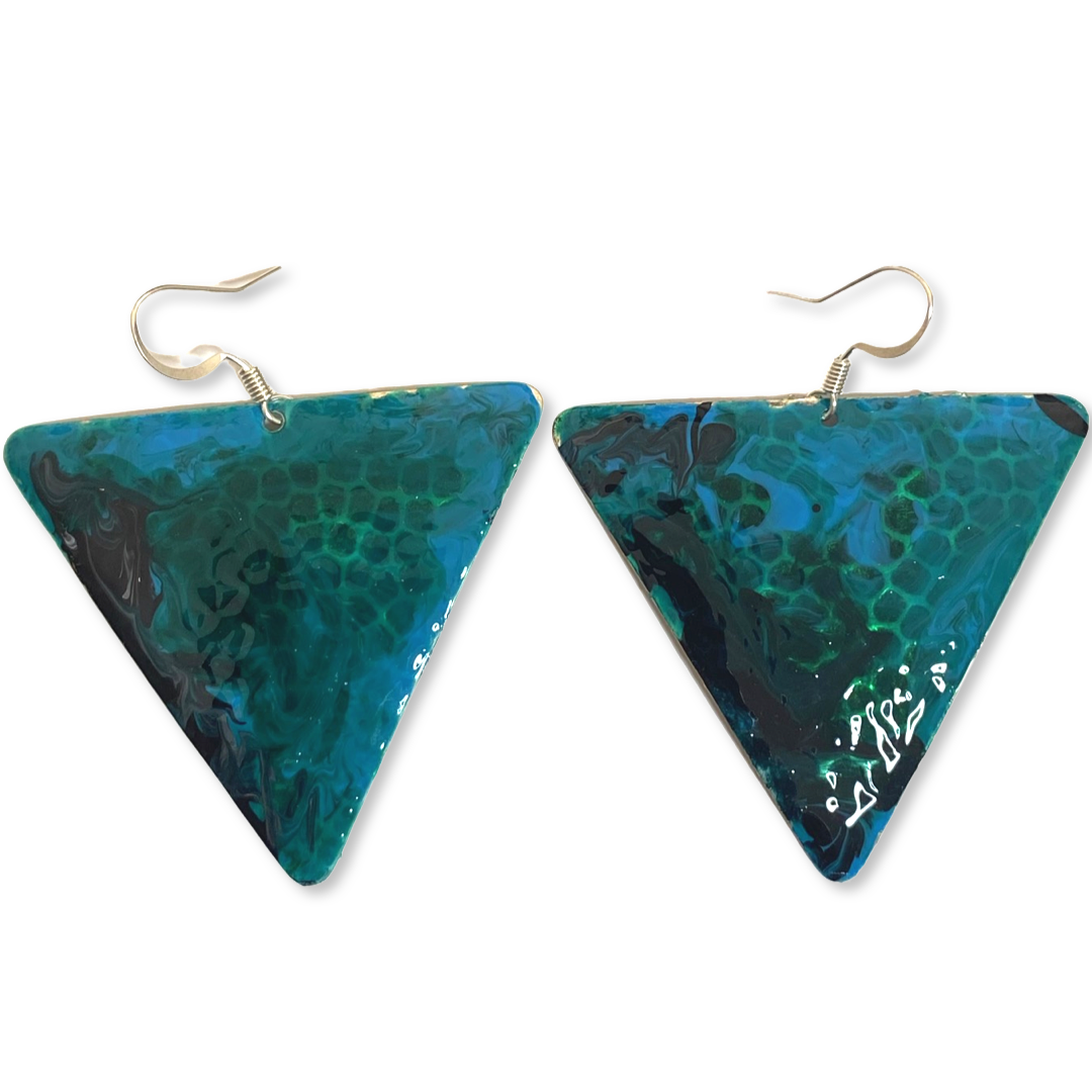 Blue Green Marble Triangle Dome Lures of Love Earrings