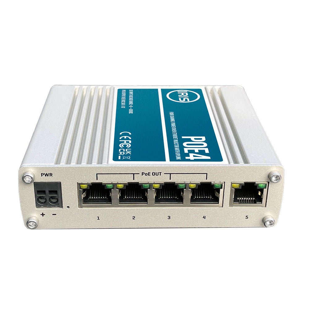 Iris Four Channel Uplink Power Over Ethernet Switch - IEEE802.3af 3at Compliant - 9 - 30VDC Input - 48VDC Output [POE4V2]