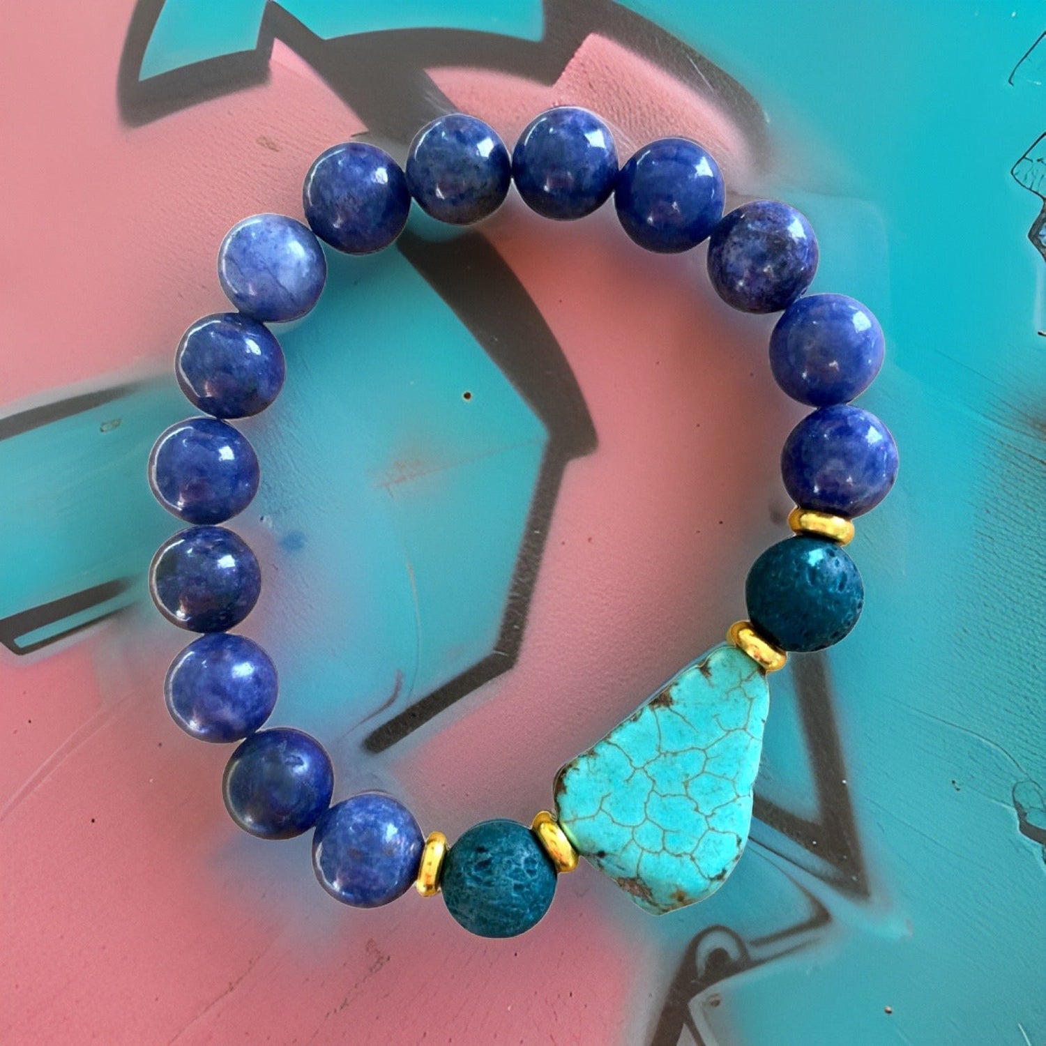 Lapis Lazuli, Lava Rock and Turquoise Stone Bracelet