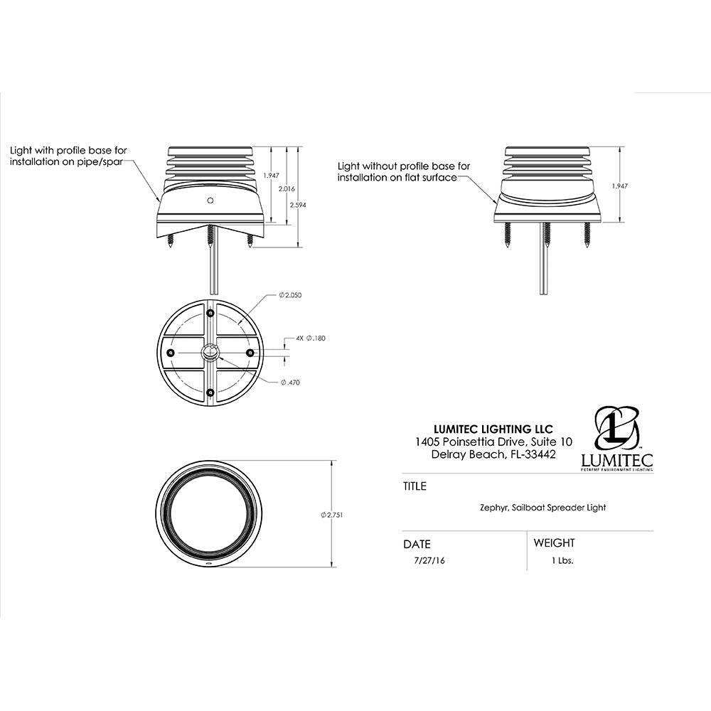 Lumitec Zephyr LED Spreader/Deck Light - Brushed, Black Base - White Non - Dimming [101326]