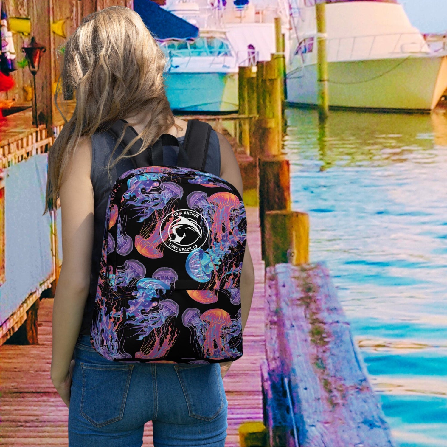 Neon Jellyfish Water-Resistant Backpack with Laptop Compartment - Black