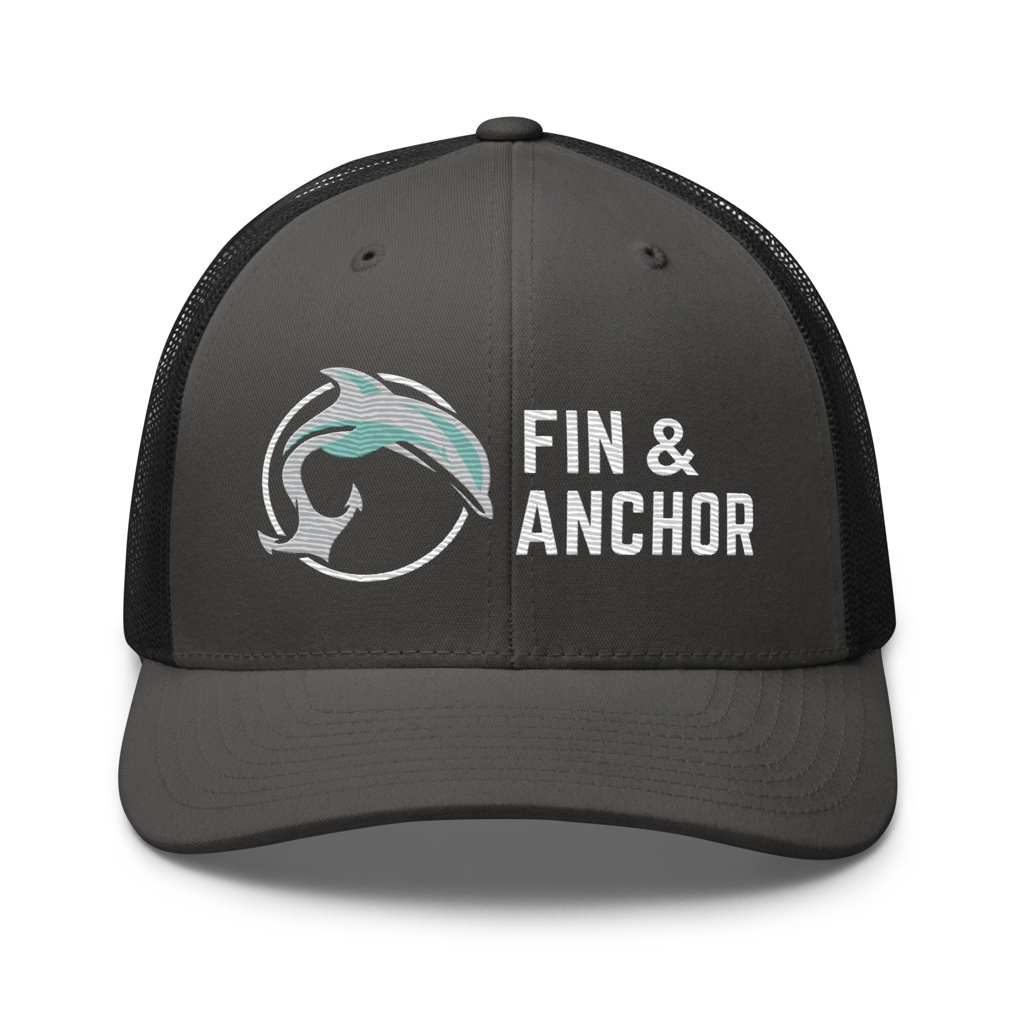 Fin &amp; Anchor Embroidered Retro Trucker Hat - Dolphin Grey/Black