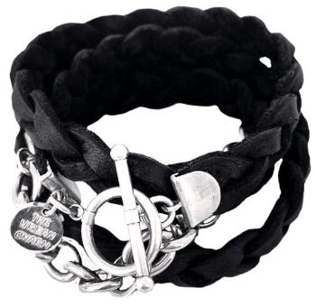 Silver Chain Black Braided Four Wrap Genuine Leather Bracelet